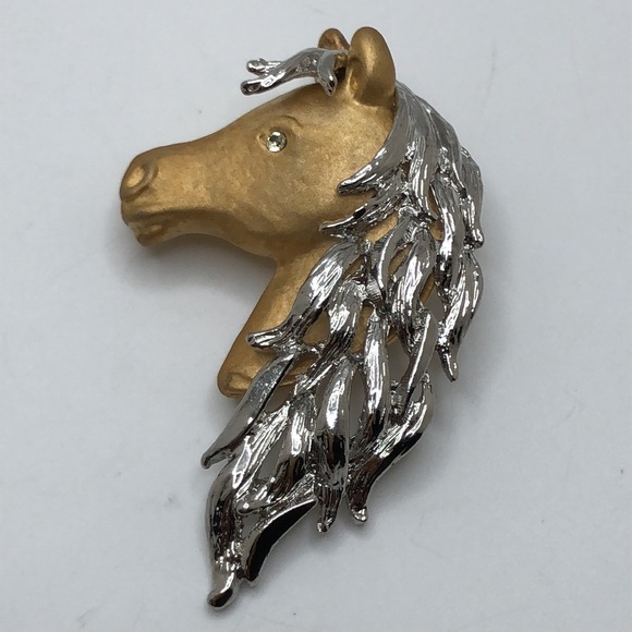 Vintage Jewelry - Vintage gold plated and silver tone stylised horses head horse brooch